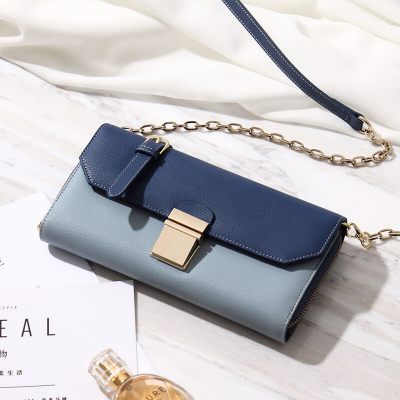 女士单肩包长款女手机包多功能包百搭大气手拿包女 蓝色