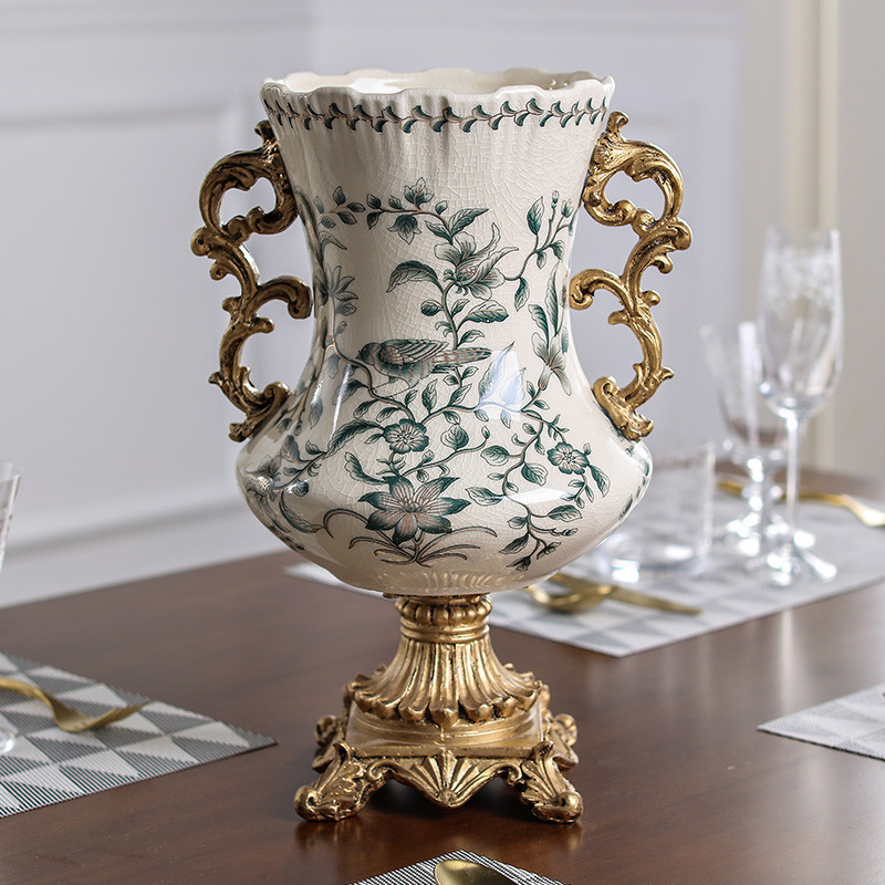 欧式客厅家居装饰摆件绿鸟春意裂纹贴花陶瓷双耳花瓶