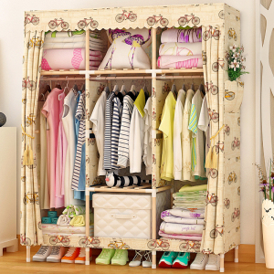 家时光 简易实木布衣柜大号双人衣橱加固布艺柜子侧拉门帘牛津布收纳衣柜 自行车