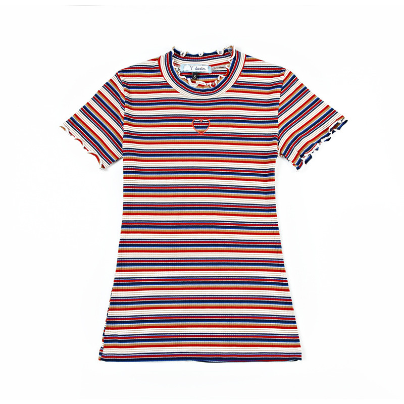 条纹短袖t恤女生大码修身时尚镂空体恤针织衫夏季2017新款上衣服