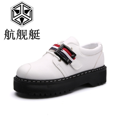 秋季新款厚底松糕鞋女英伦女学院风圆头彩带皮带扣小皮鞋粉色