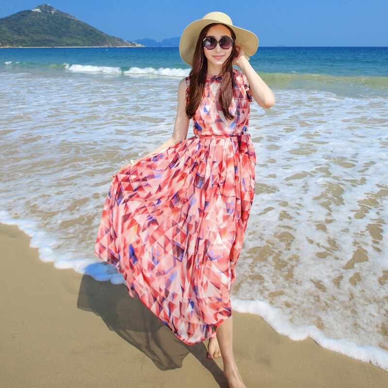 夏季波西米亚海边度假碎花沙滩裙出游旅行连衣裙雪纺长裙l5