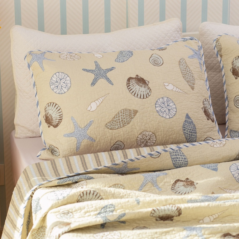 地中海风贝壳纯棉水洗空调被夏被美式全棉床盖三件套绗缝被子