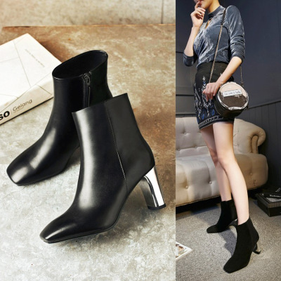 欧美女鞋新款秋冬短靴女灰色电镀粗跟高跟短靴子方头女靴