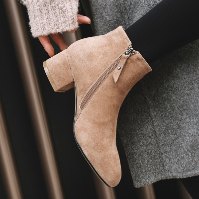 磨砂皮短靴女单靴中跟粗跟短靴女高跟踝靴女鞋秋冬裸靴女靴子