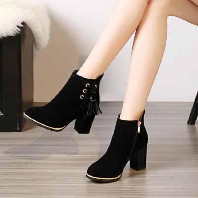 秋冬季粗跟短靴女高跟磨砂圆头马丁靴大码女鞋棉靴流苏靴40-4333