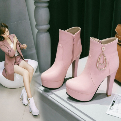 新款名媛淑女防水台高跟短靴女及裸靴春秋季单靴粗跟圆头靴子