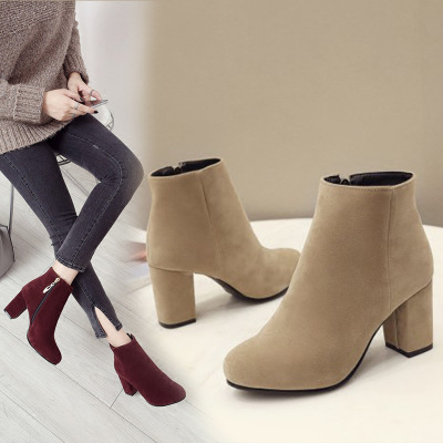 短靴女粗跟磨砂皮裸靴32侧拉链33圆头单靴40时尚女靴子大码41-43