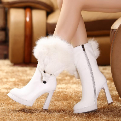 秋冬女靴加绒保暖高跟中靴潮圆头粗跟中筒短靴皮草显瘦马丁靴