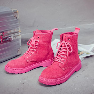 粉红色系带马丁靴平底复古英伦风学生韩版百搭女版短靴子绒面女靴