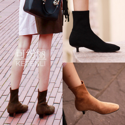 猫跟中跟及踝靴弹力靴套筒靴欧美骑士靴方头短靴舒适女靴子ol