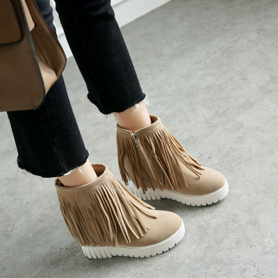 欧洲站时尚流苏靴内增高厚底高跟短靴子秋冬百搭时尚高跟磨砂女鞋