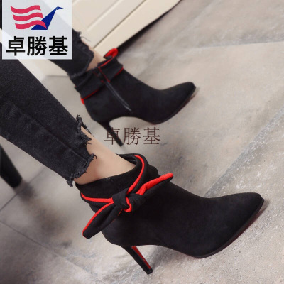女鞋秋冬新款甜美蝴蝶结尖头细跟高跟马丁靴绒面百搭短靴女及裸靴