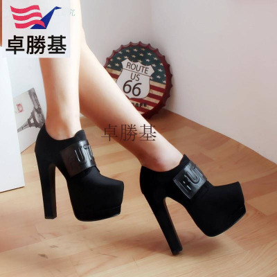 女鞋冬季粗跟高跟鞋防水台厚底超高跟短靴14cm高女靴子夜店恨天高裸靴黑色
