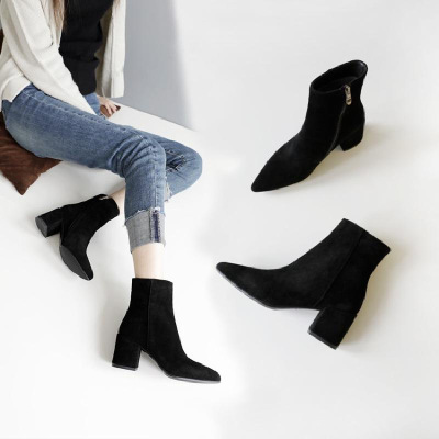 韩版秋冬新款尖头真皮女靴粗跟高跟靴马丁靴拉链磨砂加绒短靴