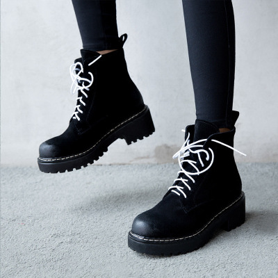 新款短靴女粗跟单靴真皮欧美马丁靴女英伦风裸靴高帮靴女冬季