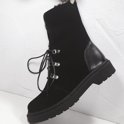 韩版秋冬新款真皮保暖雪地靴平底系带短靴学院休闲圆头女靴潮