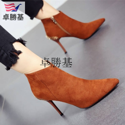 时尚金属水钻高跟马丁靴尖头细跟侧拉链百搭及裸靴秋冬新款OL