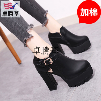秋冬季新款女士皮面靴子粗跟高跟及裸靴防水台黑色韩版百搭短靴黑色(皮带扣加棉)