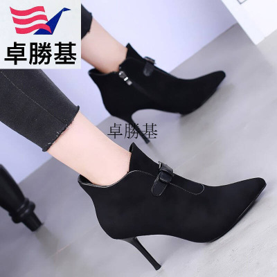 女鞋冬季尖头高跟短靴细跟时尚女靴性感皮带扣英伦加绒裸靴马丁靴