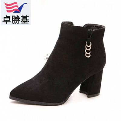 女鞋气质水钻高跟尖头女短靴秋冬女靴粗跟简约马丁靴新款百搭裸靴黑色