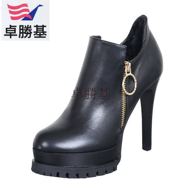 女士鞋秋冬新款细跟超高跟女鞋英伦风防水台厚底圆头深口单鞋潮裸靴