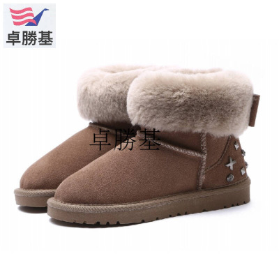 雪地靴女靴子磨砂牛皮短靴铆钉蝴蝶结棉靴厚底保暖靴毛毛靴冬