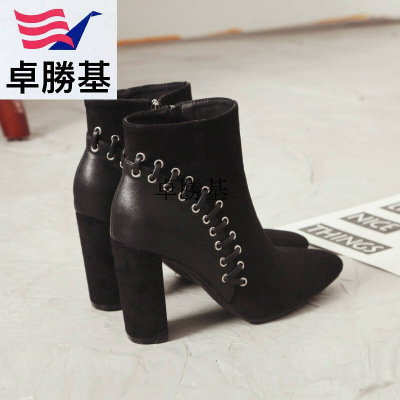 女鞋韩版秋冬新款性感尖头个性粗跟短靴及踝靴侧拉链超高跟马丁靴黑色