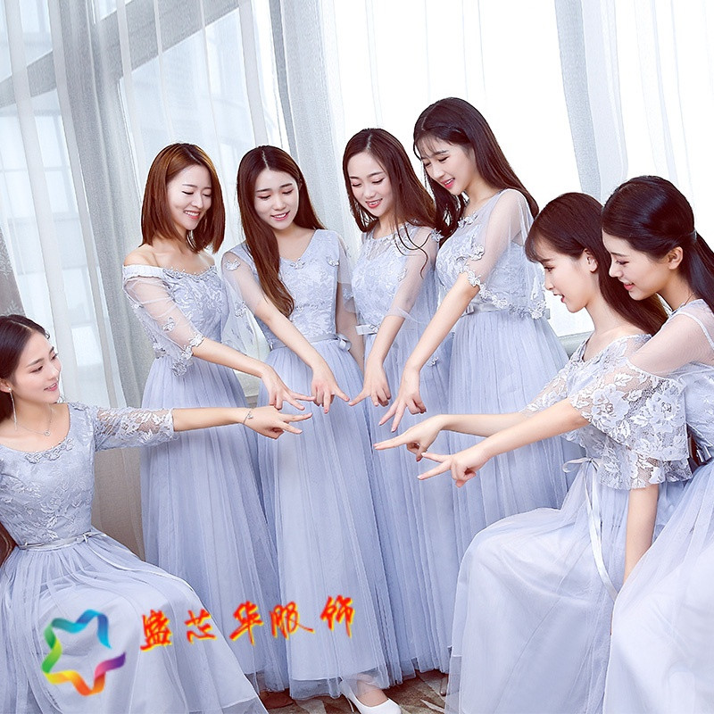 伴娘服长款2017韩版秋冬姐妹裙伴娘团礼服灰