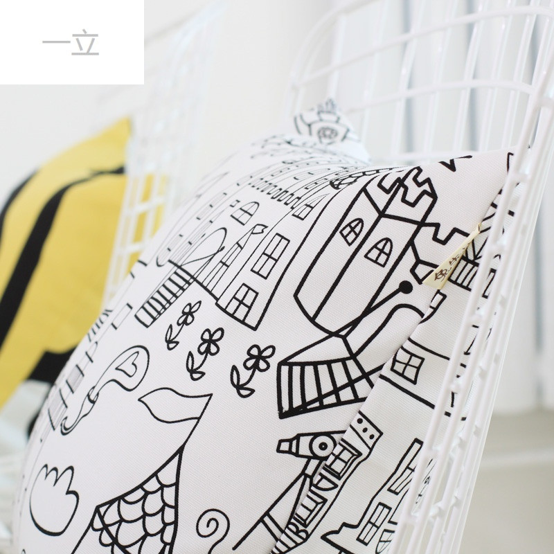 【】北欧简约现代经典黑白纯棉卡通动漫抱枕套靠垫套 速写