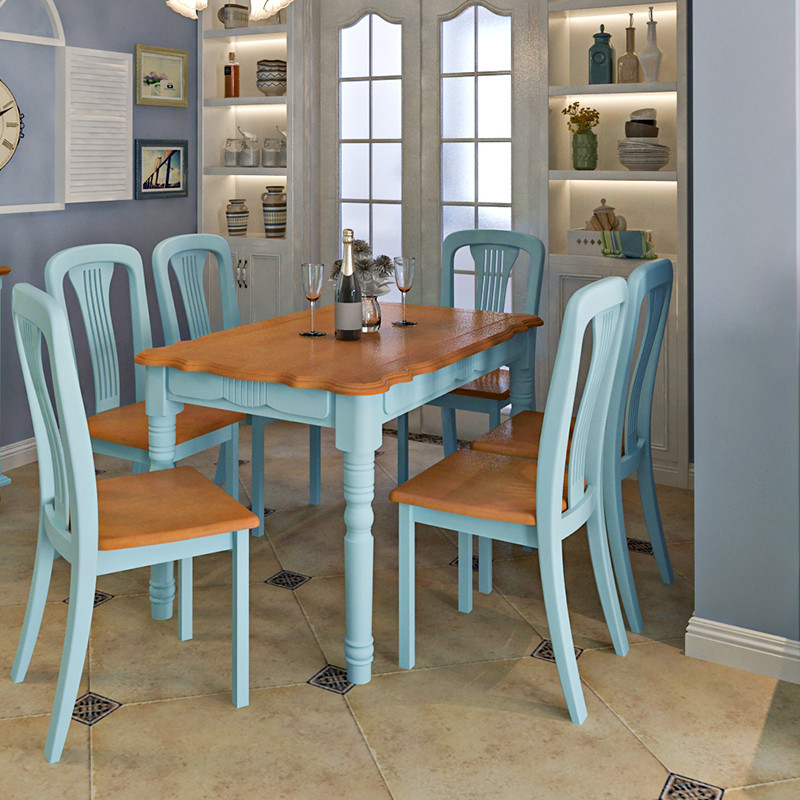 地中海实木餐桌椅组合 4人6人美式餐桌 田园餐台 成套家具