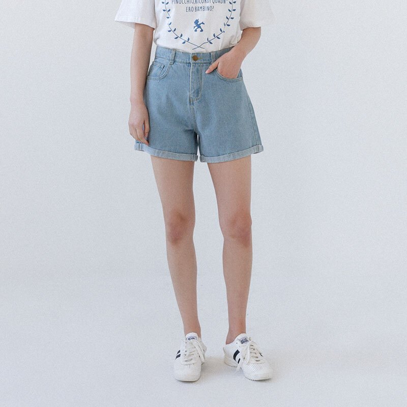 复古简约高腰牛仔短裤女卷边牛仔裤显瘦百搭春夏新款