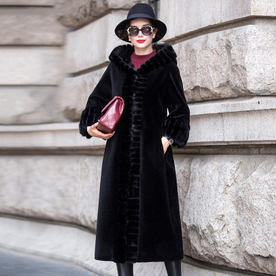 秋冬新款羊剪绒大衣女水貂毛领皮草长款外套无羊绒黑色
