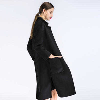 秋冬新款双面羊绒大衣毛呢外套西装领呢子大衣中长款神秘黑色