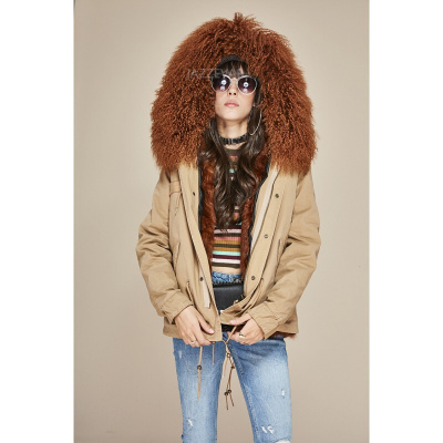 旗下秋冬新款女装羊羔毛内胆滩羊毛领派克大衣星星皮草中长款外套