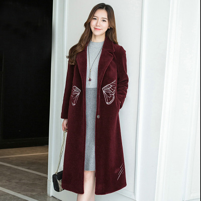 旗下新款羊毛皮草外套女修身超长款羊剪毛大衣77紫檀色