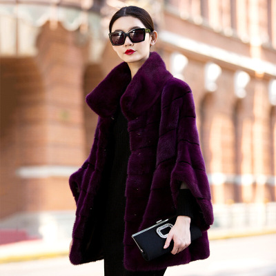 旗下冬季新款水貂皮草外套女中长款整貂皮大衣75 紫色 XL