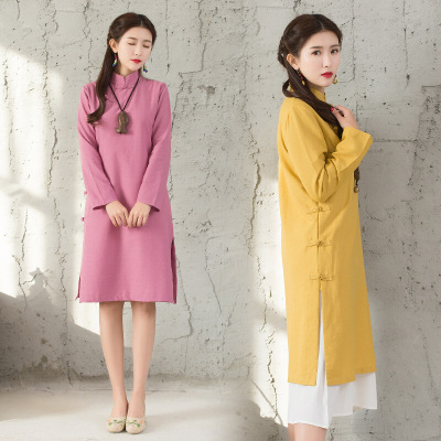 2017秋装民族风女棉麻禅意茶服盘扣旗袍女裙亚麻女装连衣裙女