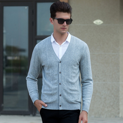 2017新款秋冬中年男式毛衣 中老年V领纯羊毛衫男针织开衫真口袋 灰色 XXXL