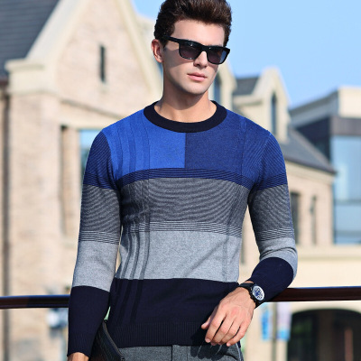 2017冬季新款男士毛衣中青年时尚拼色圆领男式长袖羊毛衫保暖上衣