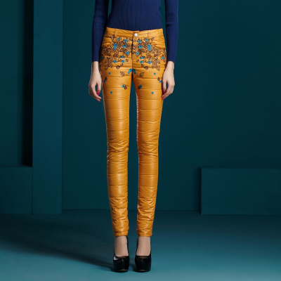 高腰双面羽绒裤女外穿显瘦修身鸭绒裤加厚加绒裤女冬季黄色XXXL