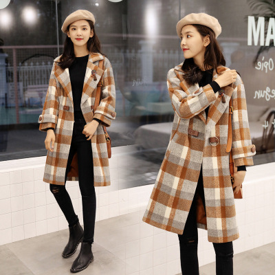 女款毛呢外套2017冬季新款韩版中长款加棉格子呢子大衣潮