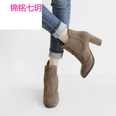 锦铭七玥新款韩版绒面女士方头高跟靴子春秋粗跟松紧带切尔西靴