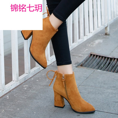 锦铭七玥女靴单靴尖头裸靴粗跟马丁靴牛翻皮高跟鞋后系带磨砂短靴33-41