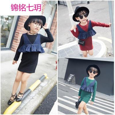 锦铭七玥秋款个性潮流女童装儿童纯色连衣裙牛仔小背心 童套装批发HS10001