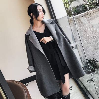 秋冬季双面拼色廓形羊毛呢子大衣宽松中长款外套气质女灰色