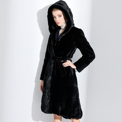 2018新款美国进口本黑加长款连帽横排貂皮大衣水貂皮草外套