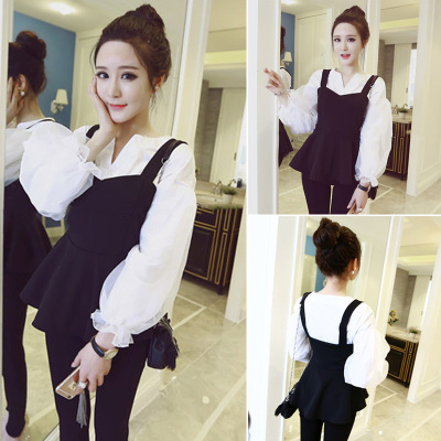 新款式秋装新款韩版气质收腰裙摆吊带上衣+欧根纱灯笼袖白衬衫女两件套-定制款