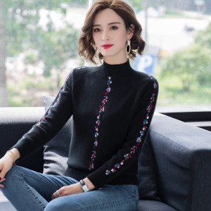 2024春秋新款山羊绒衫女针织衫打底衫毛衣圆领羊毛衫女修身短款毛衣女长袖简约绣花修身半高领毛针织衫女多款