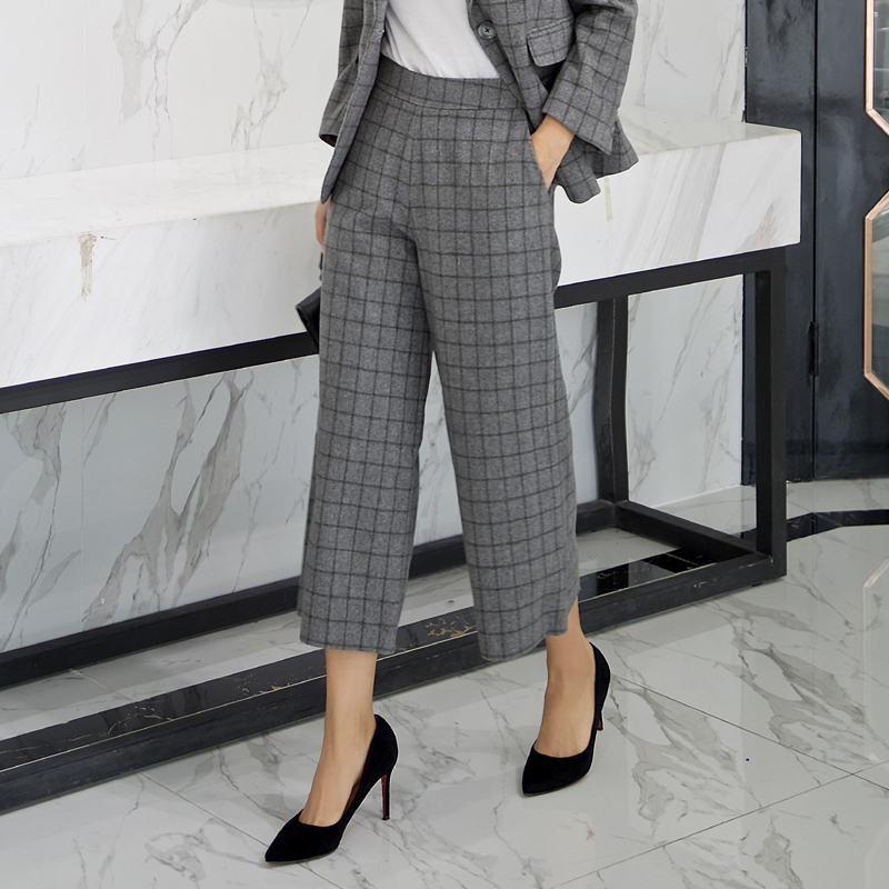 Maxin&Cene2018秋冬新品通勤百搭中腰显瘦气质羊毛呢格纹阔腿裤套装九分裤女